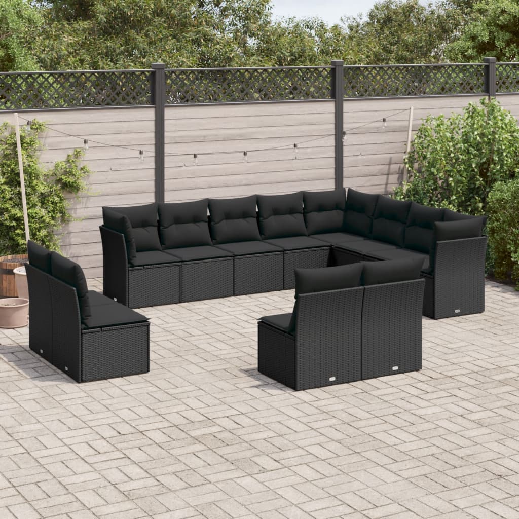 12-tlg. Garten-Sofagarnitur mit Kissen Schwarz Poly Rattan