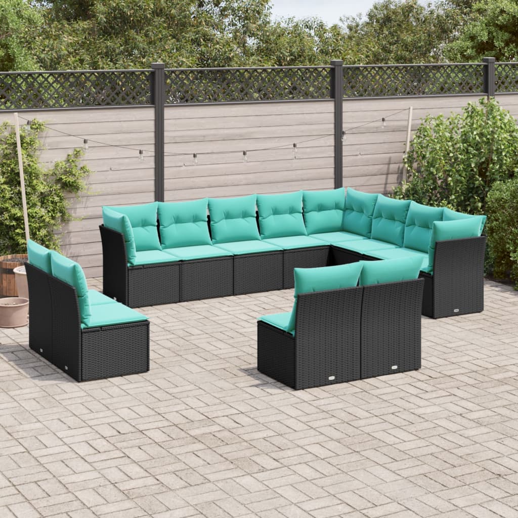 12-delt havesofasæt med hynder sort polyrattan Sort og blå, Uden bord
