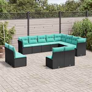12-delni vrtni komplet sedežnih garnitur z blazinami črne barve poli ratan