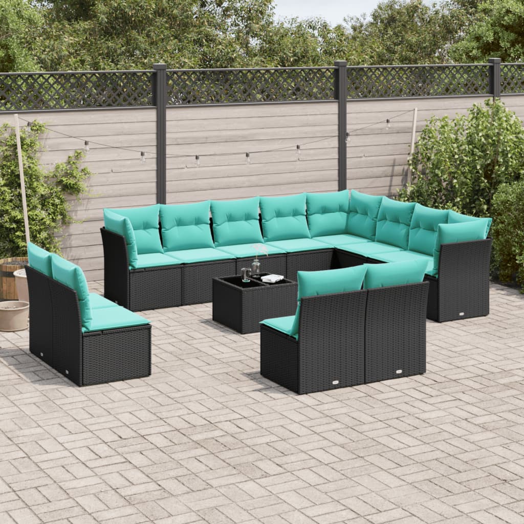 13-tlg. Garten-Sofagarnitur mit Kissen Schwarz Poly Rattan