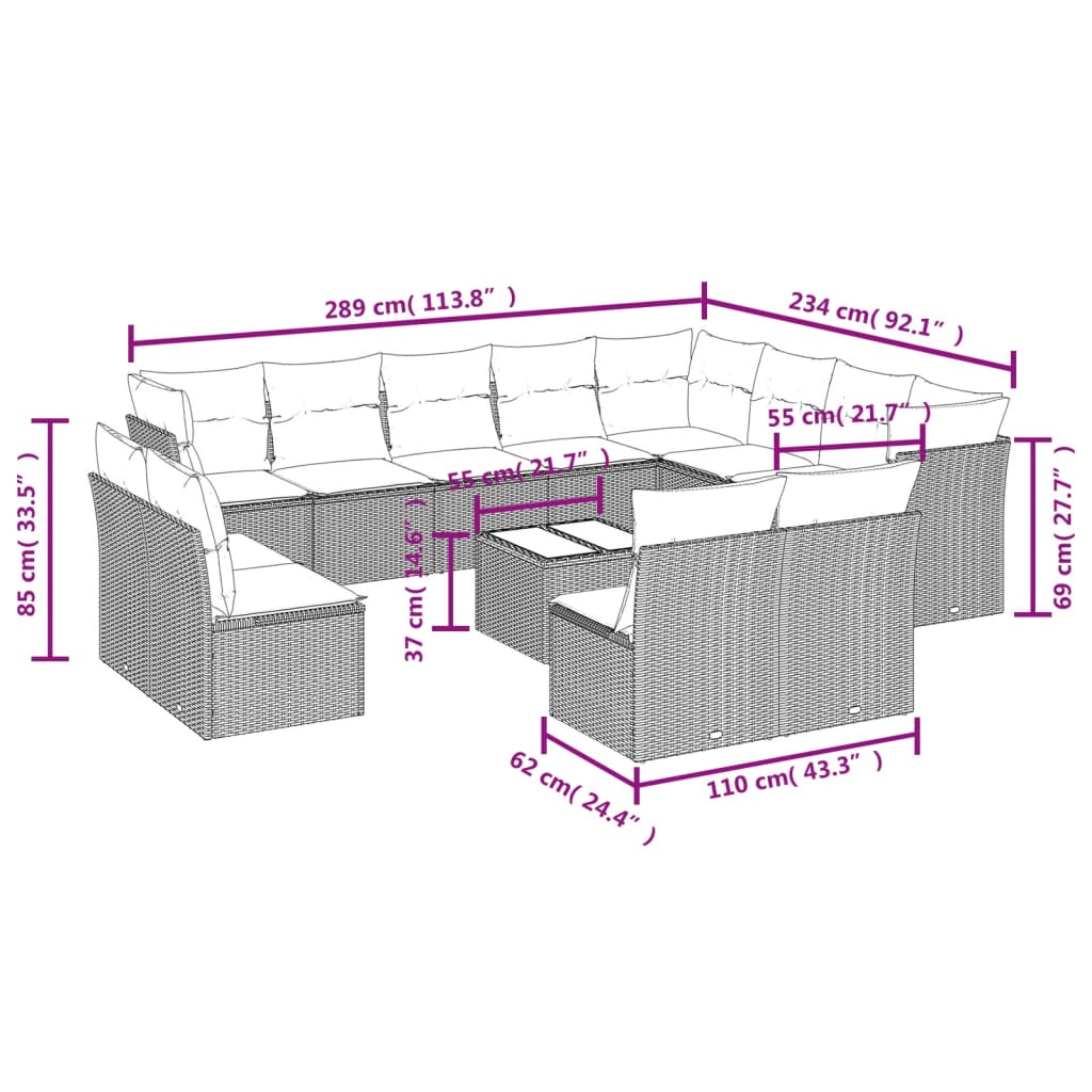 vidaXL 13-delige Loungeset met kussens poly rattan bruin