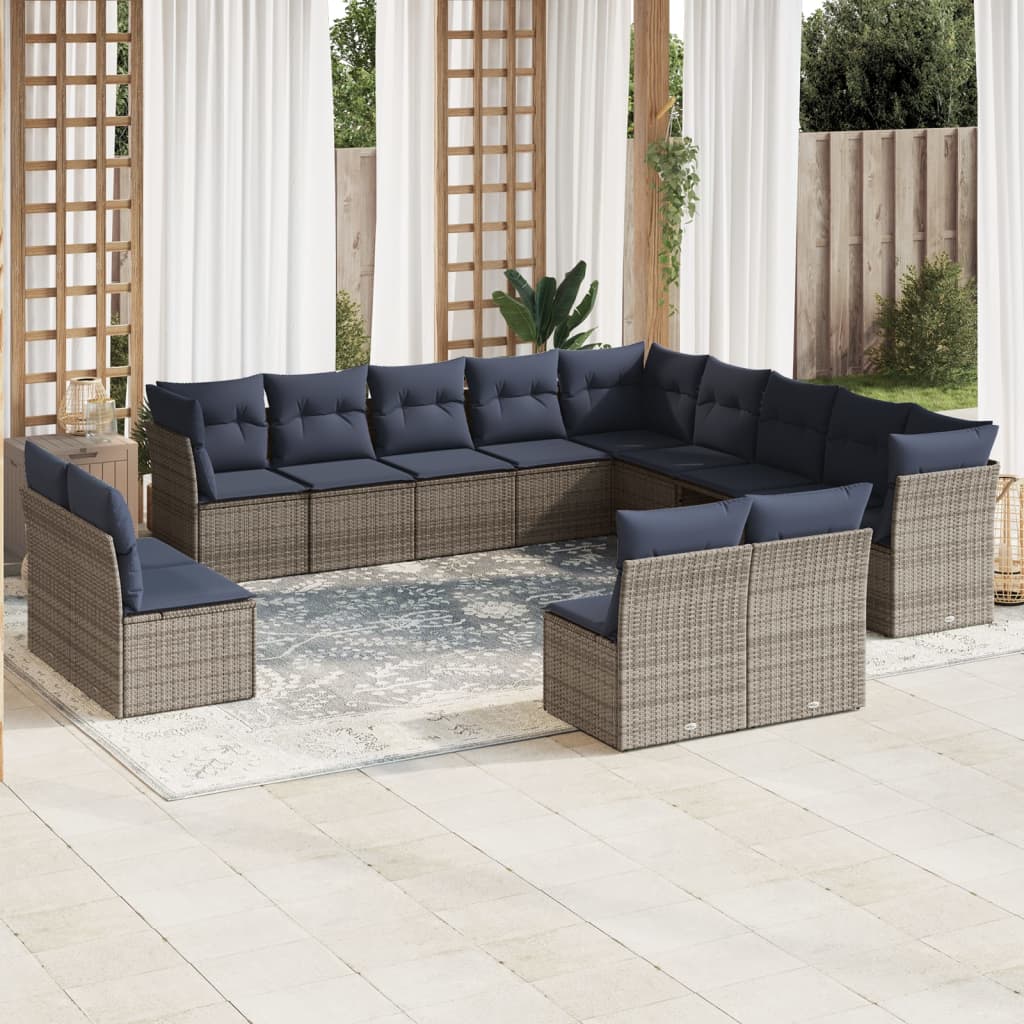 Havesofasæt i polyrattan med hynder - grå/marineblå, 13 dele