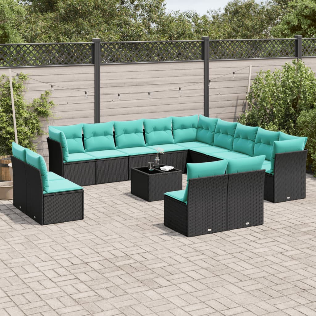 vidaXL 14-teiliges Gartensofa-Set mit Kissen, schwarzes Polyrattan