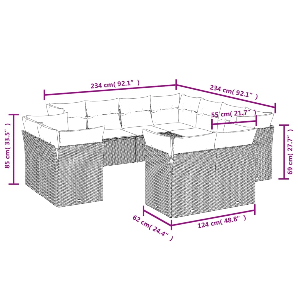 Set canapele de grădină cu perne, 11 piese, gri, poliratan 3218510 - imagine 3