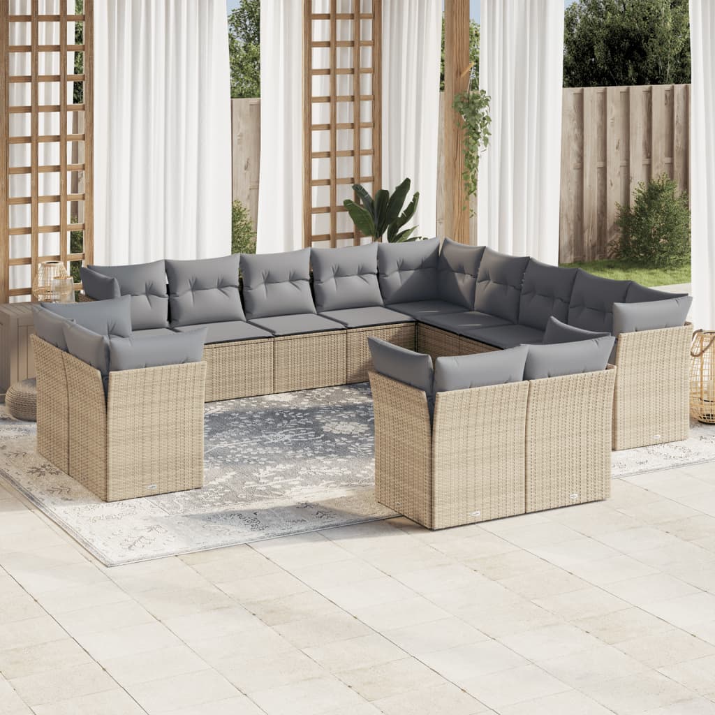 vidaXL 13-tlg. Garten-Sofagarnitur mit Kissen Beige Poly Rattan