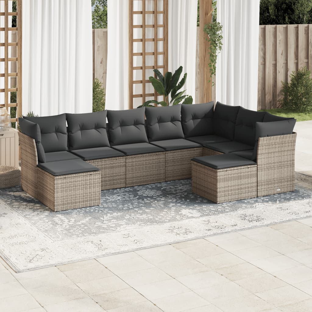 9-tlg. Garten-Sofagarnitur mit Kissen Grau Poly Rattan