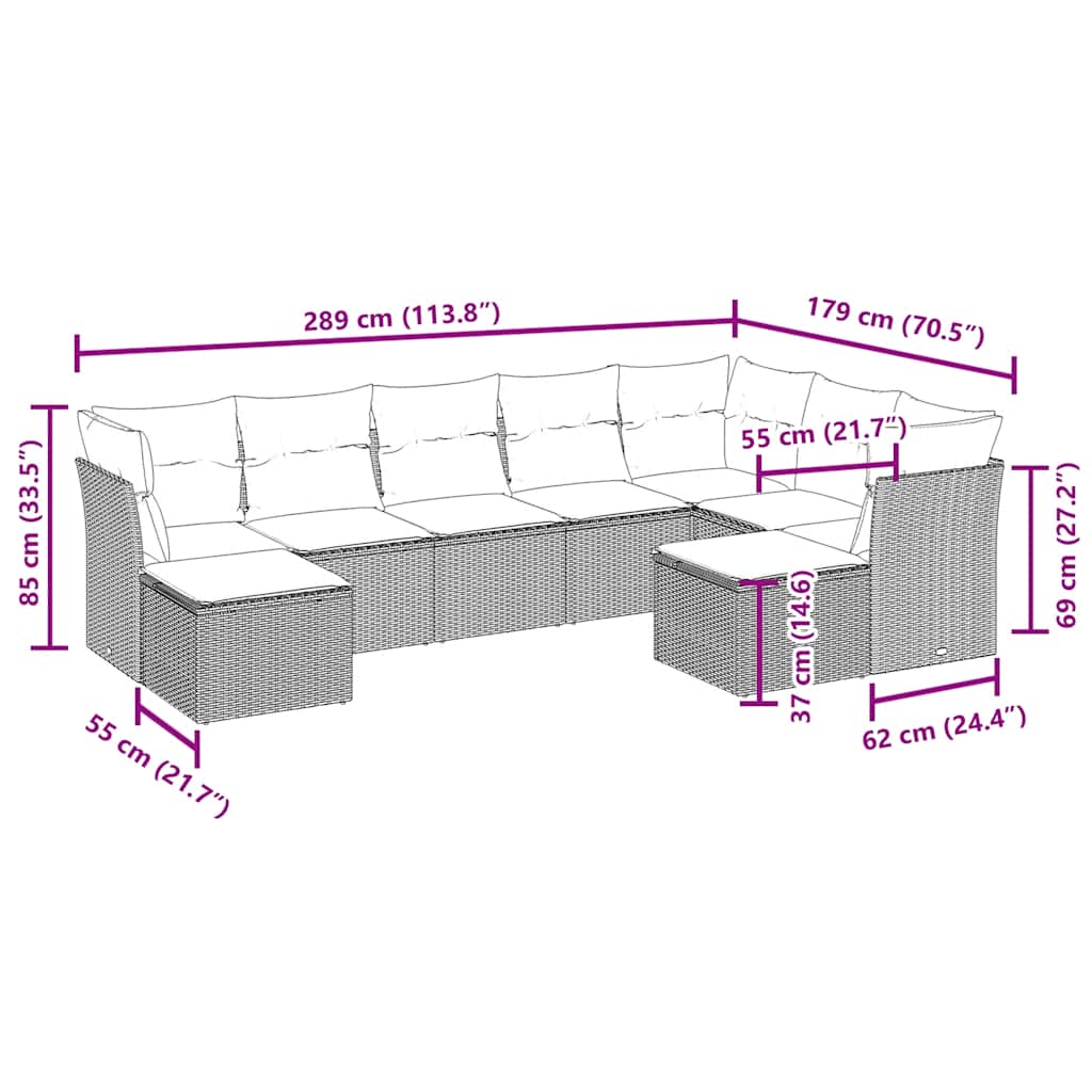 vidaXL 9-delige Loungeset met kussens poly rattan bruin afbeelding