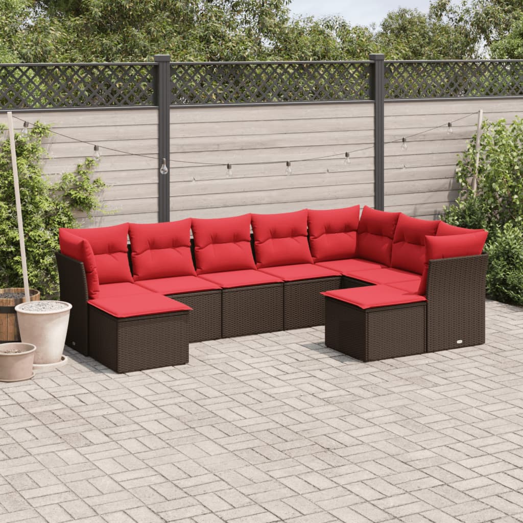 9 Piece Patio Sofa Set with Cushions Brown Poly Rattan