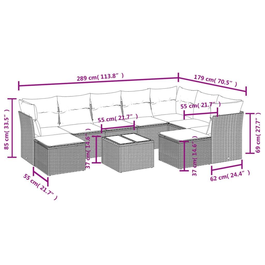 Set canapele de grădină cu perne, 10 piese, bej, poliratan 3218579 - imagine 3