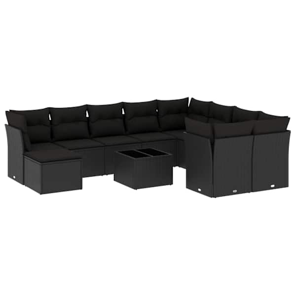 vidaXL 11-osaline aiadiivani komplekt patjadega, must, pol&uuml;rotang