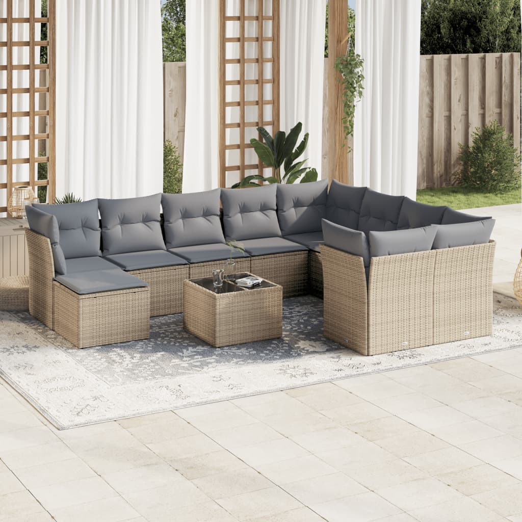 11-tlg. Garten-Sofagarnitur mit Kissen Beige Poly Rattan