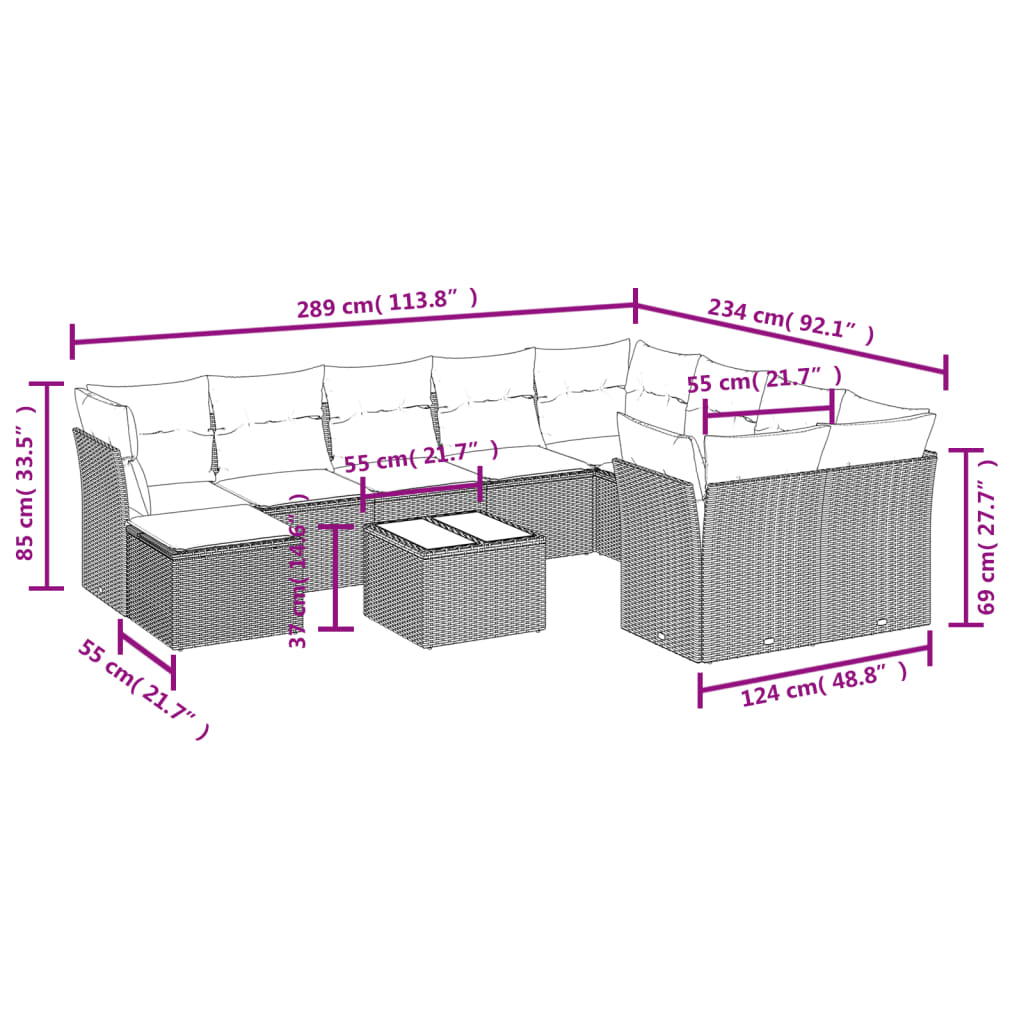 vidaXL 11-delige Loungeset met kussens poly rattan bruin