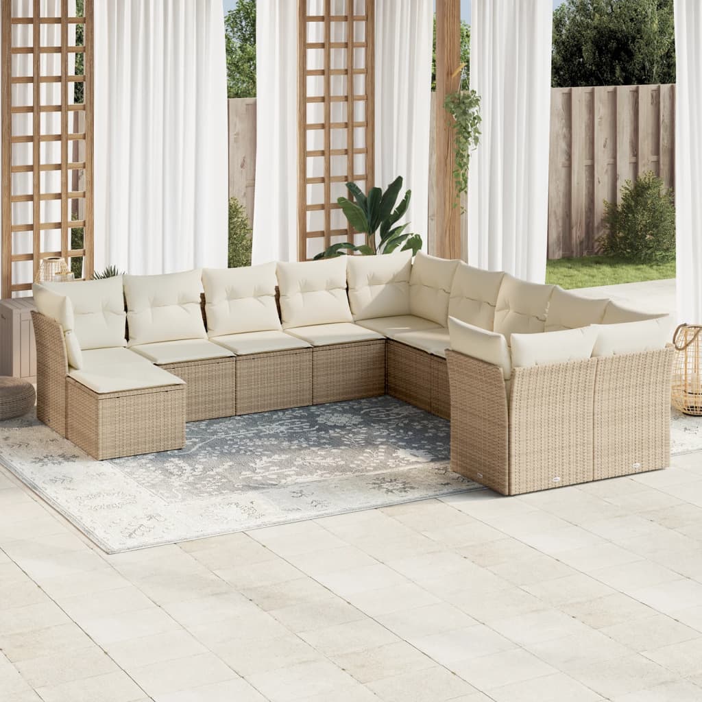 vidaXL 11-tlg. Garten-Sofagarnitur mit Kissen Beige Poly Rattan