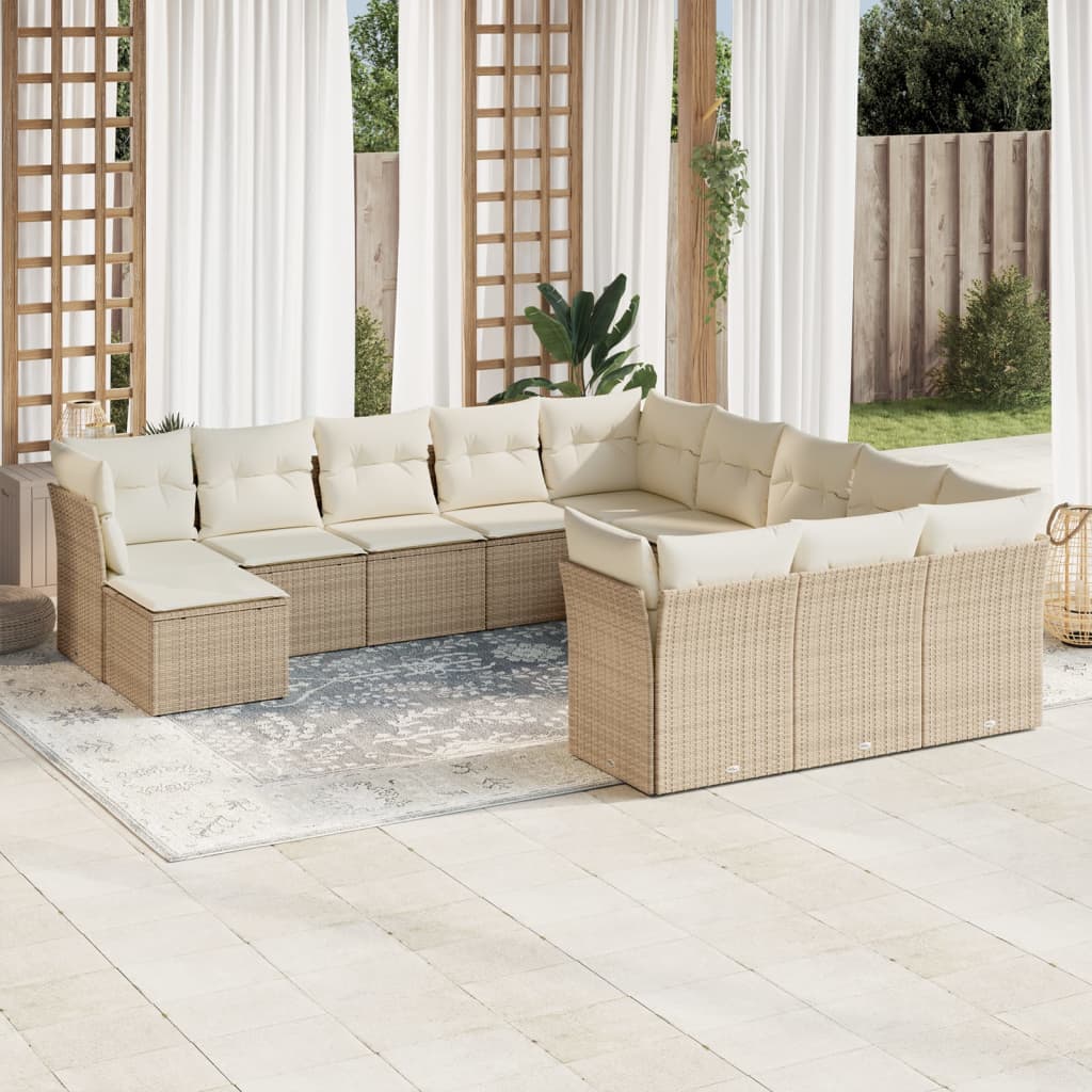 vidaXL 12-tlg. Garten-Sofagarnitur mit Kissen Beige Poly Rattan