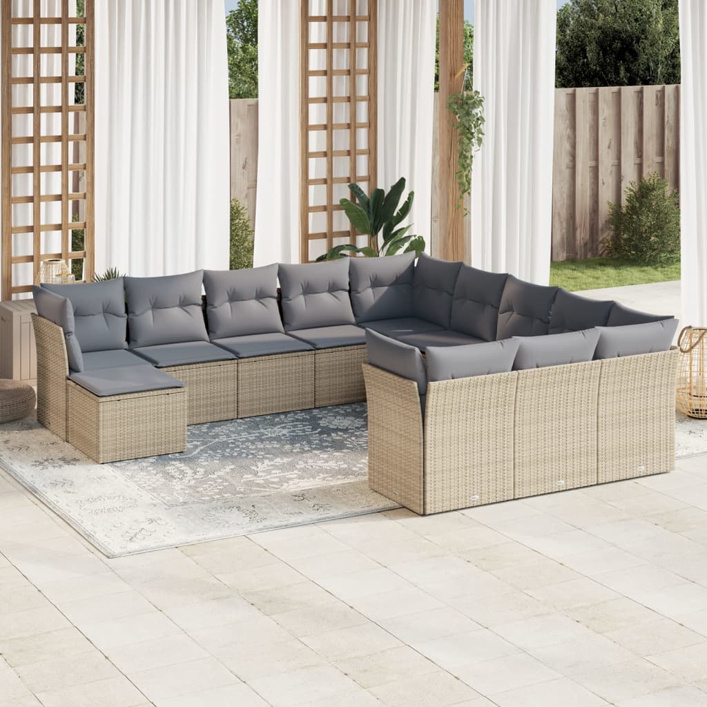 12-tlg. Garten-Sofagarnitur mit Kissen Beige Poly Rattan