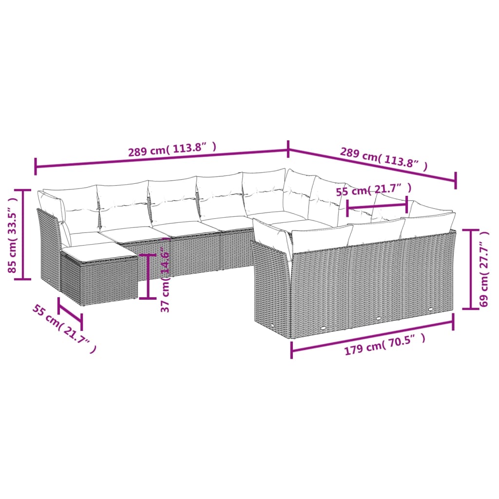Set canapea de grădină cu perne, 12 piese, gri, poliratan 3218630 - imagine 3