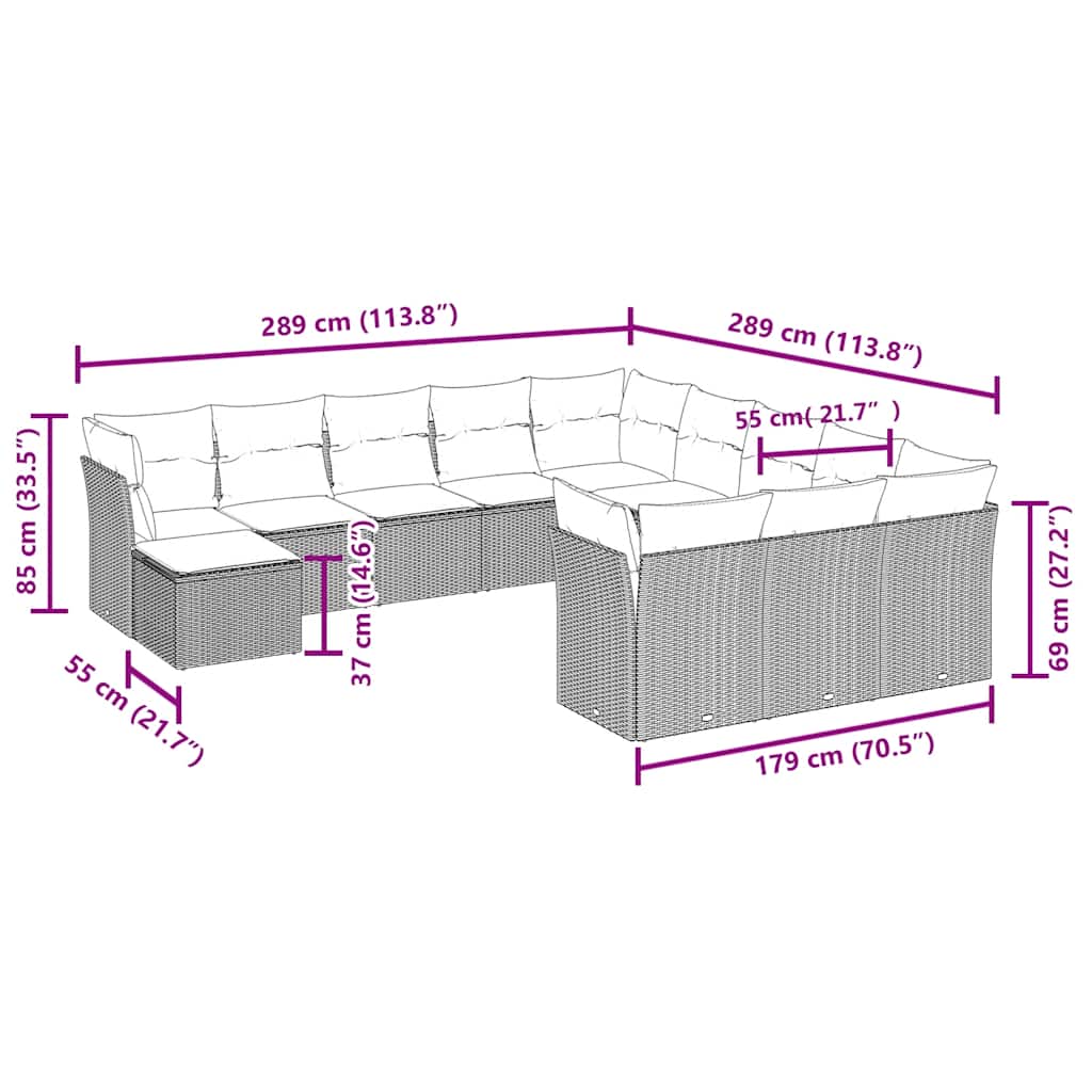 Set canapele de grădină cu perne, 12 piese, maro, poliratan 3218633 - imagine 3
