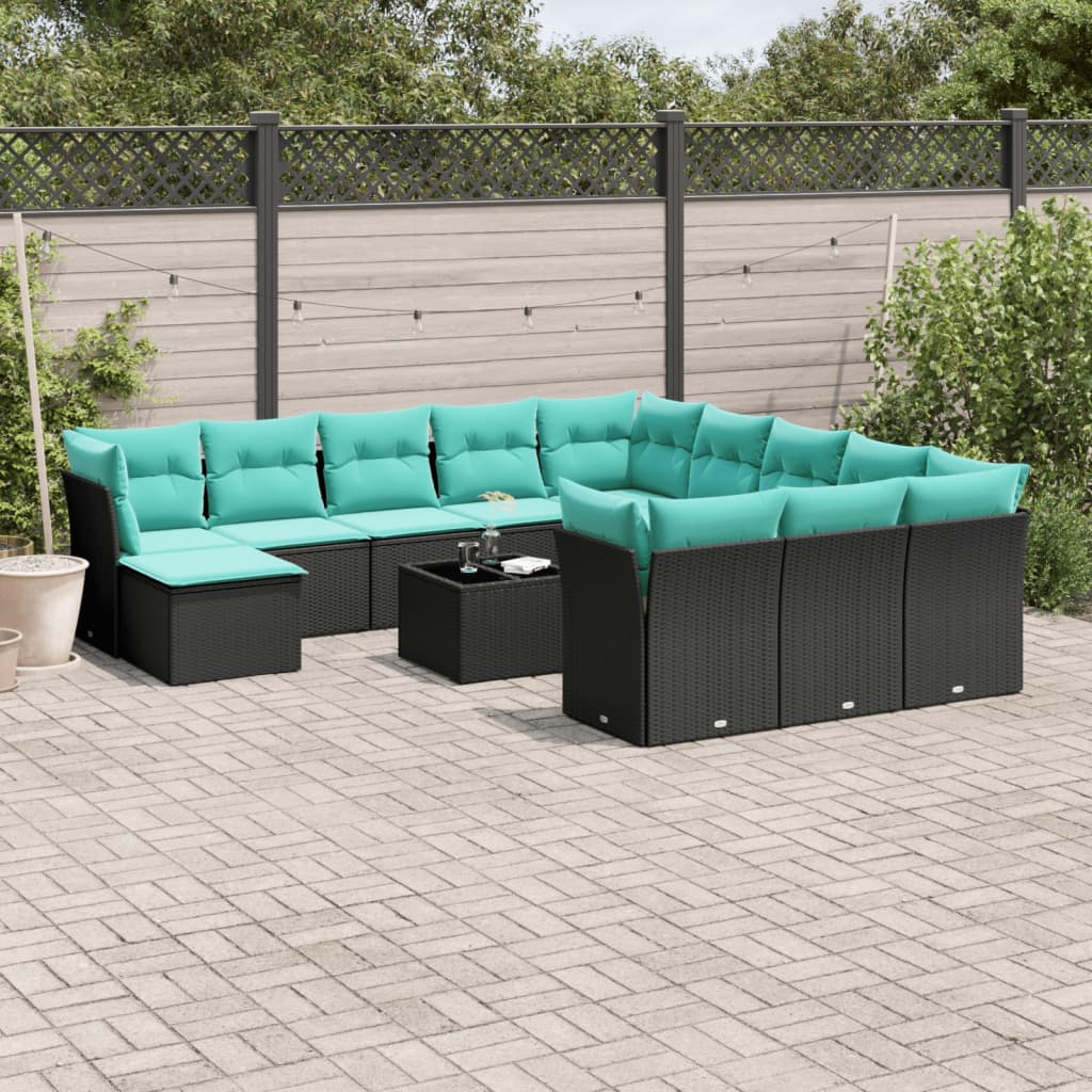 Set de sofás de jardín y cojines 13 pzas ratán sintético negro