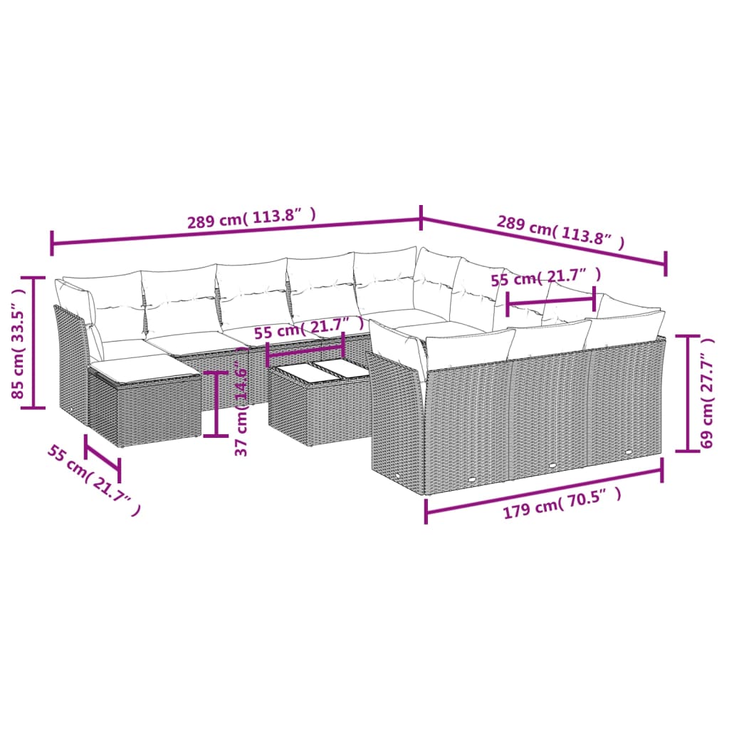 vidaXL 13-delige Loungeset met kussens poly rattan bruin