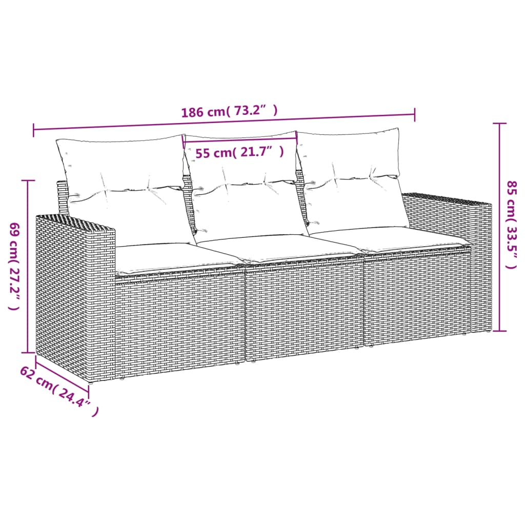 Set mobilier de grădină cu perne, 3 piese, negru, poliratan 3218645 - imagine 3