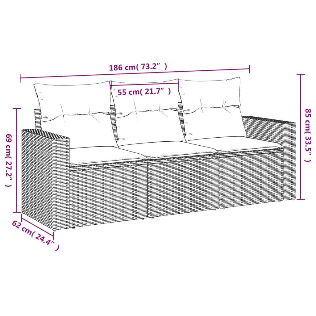 Set mobilier de grădină cu perne, 3 piese, negru, poliratan