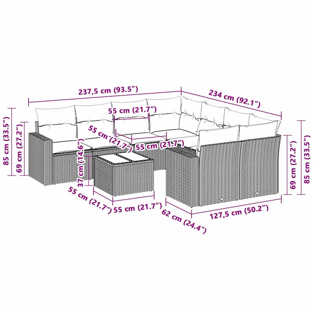 vidaXL 3-delige Loungeset met kussens poly rattan lichtgrijs afbeelding