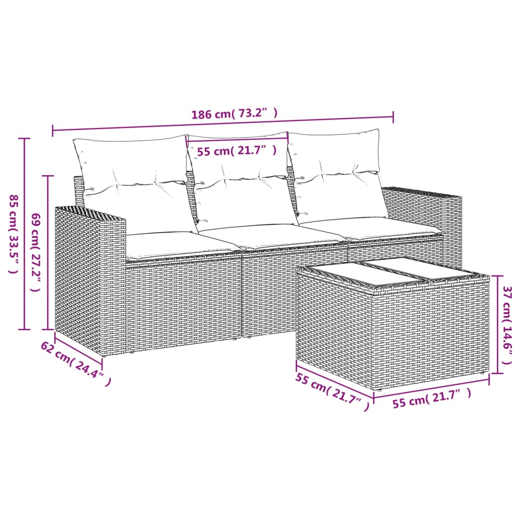 vidaXL 4-delige Loungeset met kussens poly rattan bruin