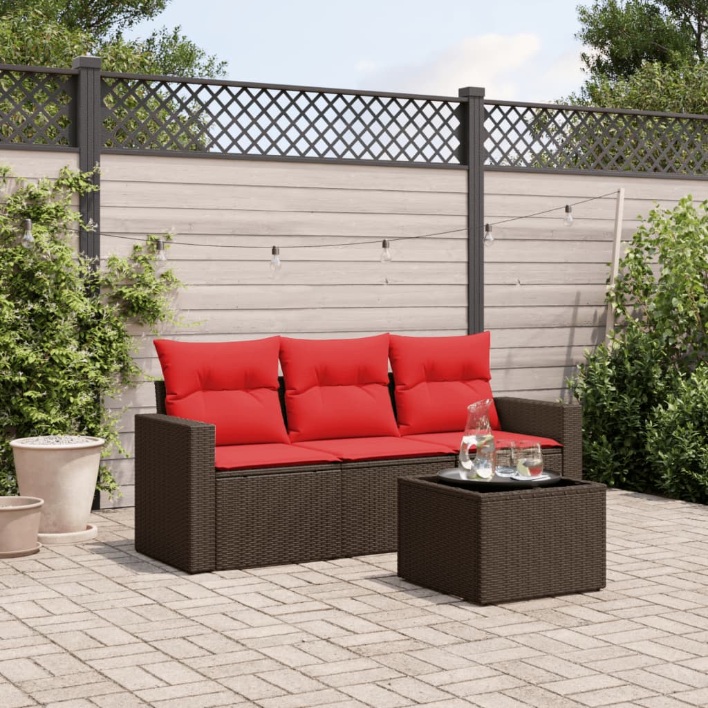 4 Piece Patio Sofa Set with Cushions Brown Poly Rattan