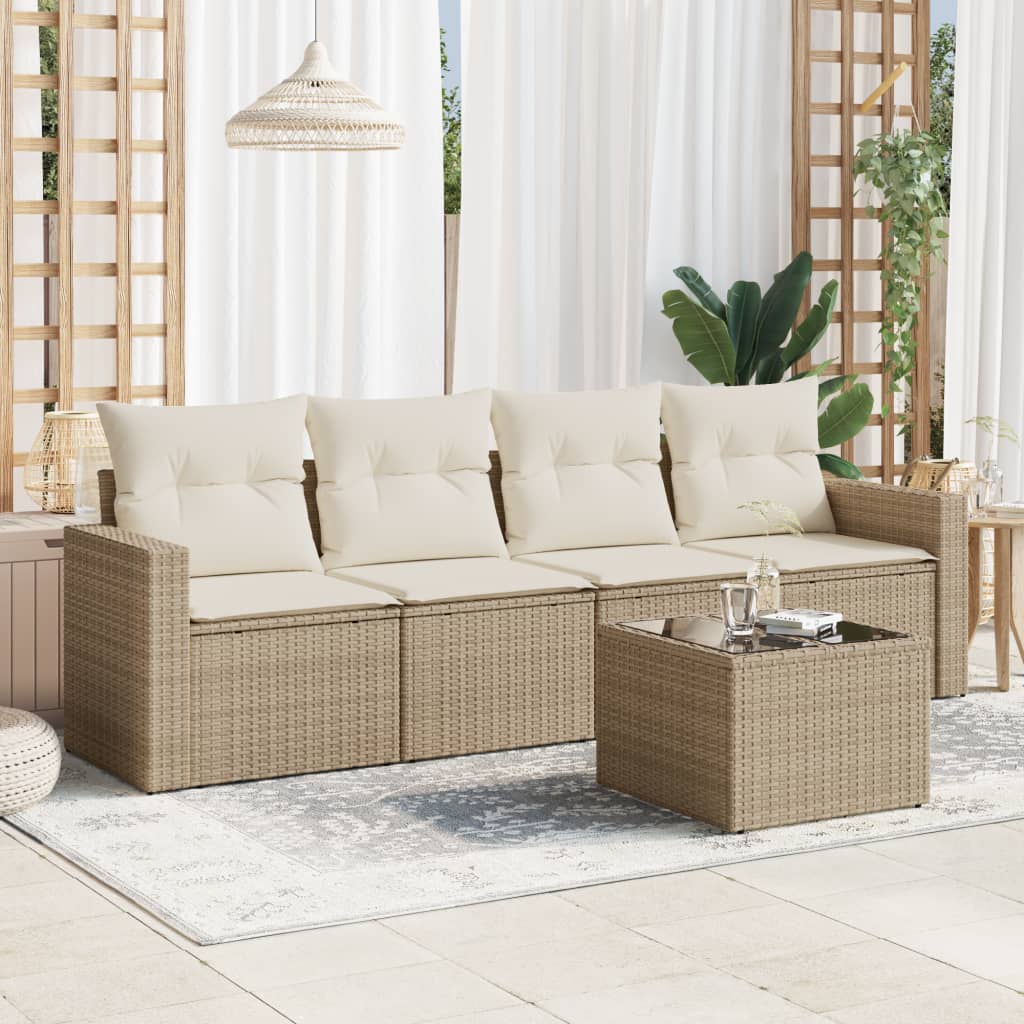 5-tlg. Garten-Sofagarnitur mit Kissen Beige Poly Rattan