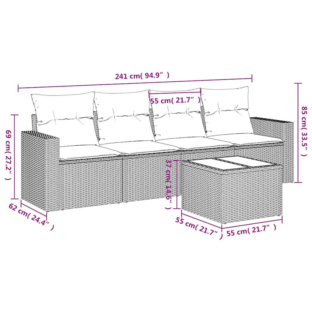vidaXL 5-delige Loungeset met kussens poly rattan lichtgrijs afbeelding