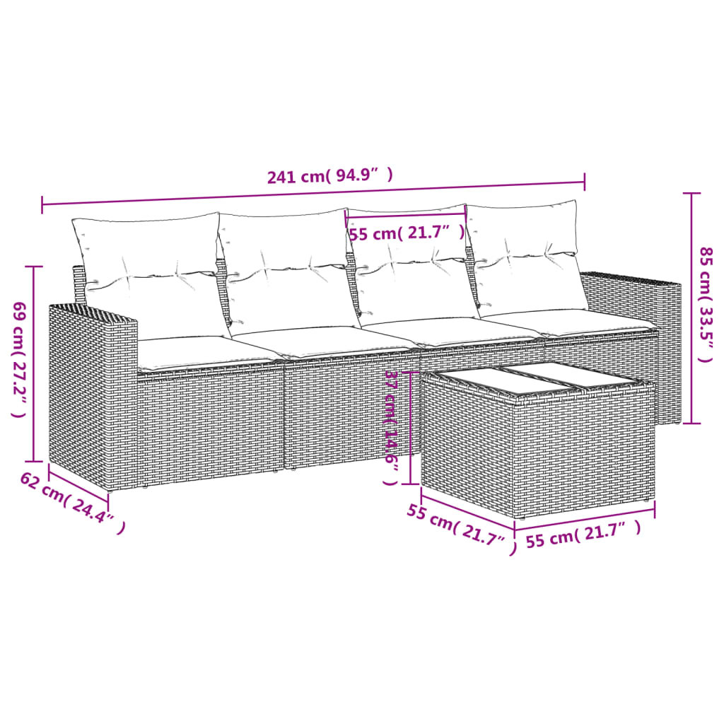 vidaXL 5-delige Loungeset met kussens poly rattan bruin