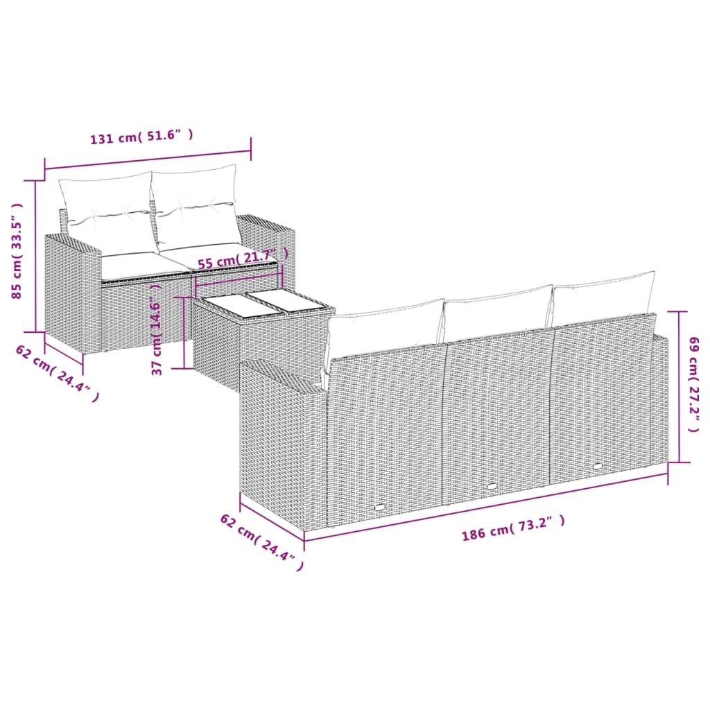 vidaXL 6-delige Loungeset met kussens poly rattan bruin