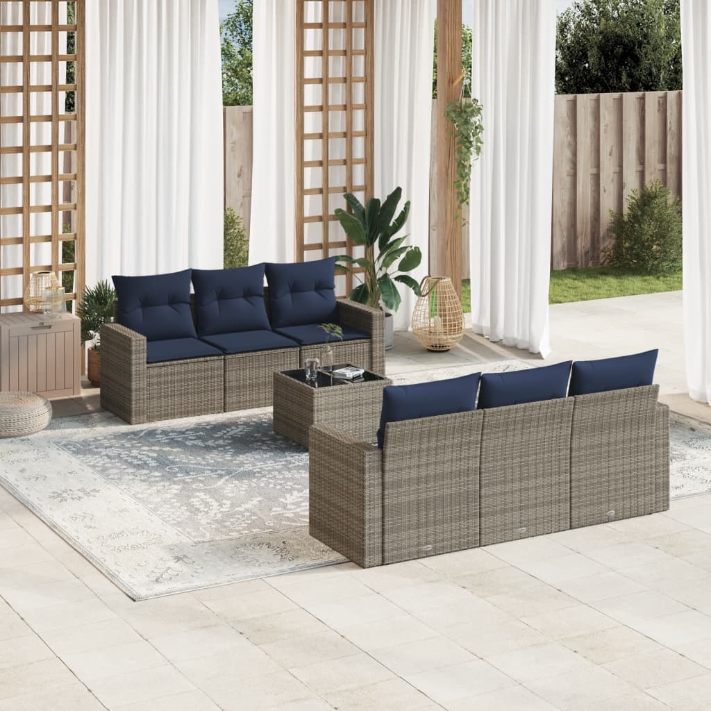 7 Piece Patio Sofa Set with Cushions Gray Poly Rattan