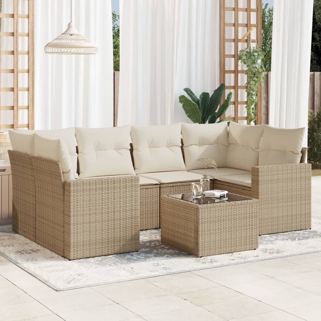 vidaXL 7-tlg. Garten-Sofagarnitur mit Kissen Beige Poly Rattan