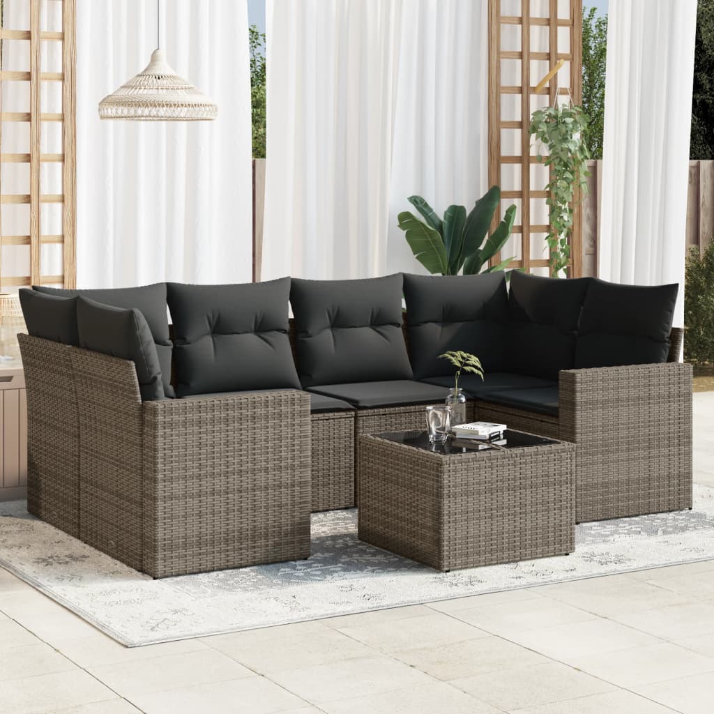 vidaXL 7-tlg. Garten-Sofagarnitur mit Kissen Grau Poly Rattan