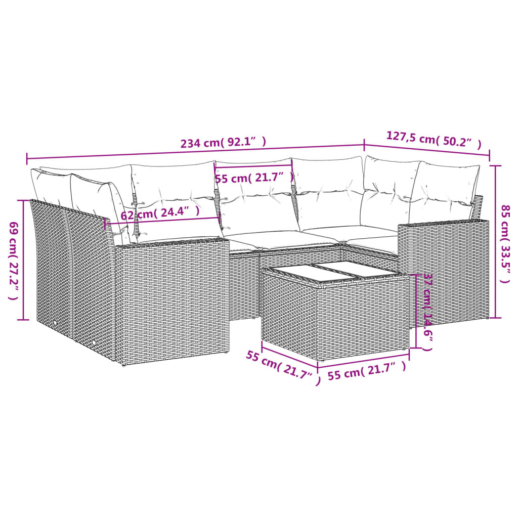 vidaXL 7-delige Loungeset met kussens poly rattan lichtgrijs afbeelding