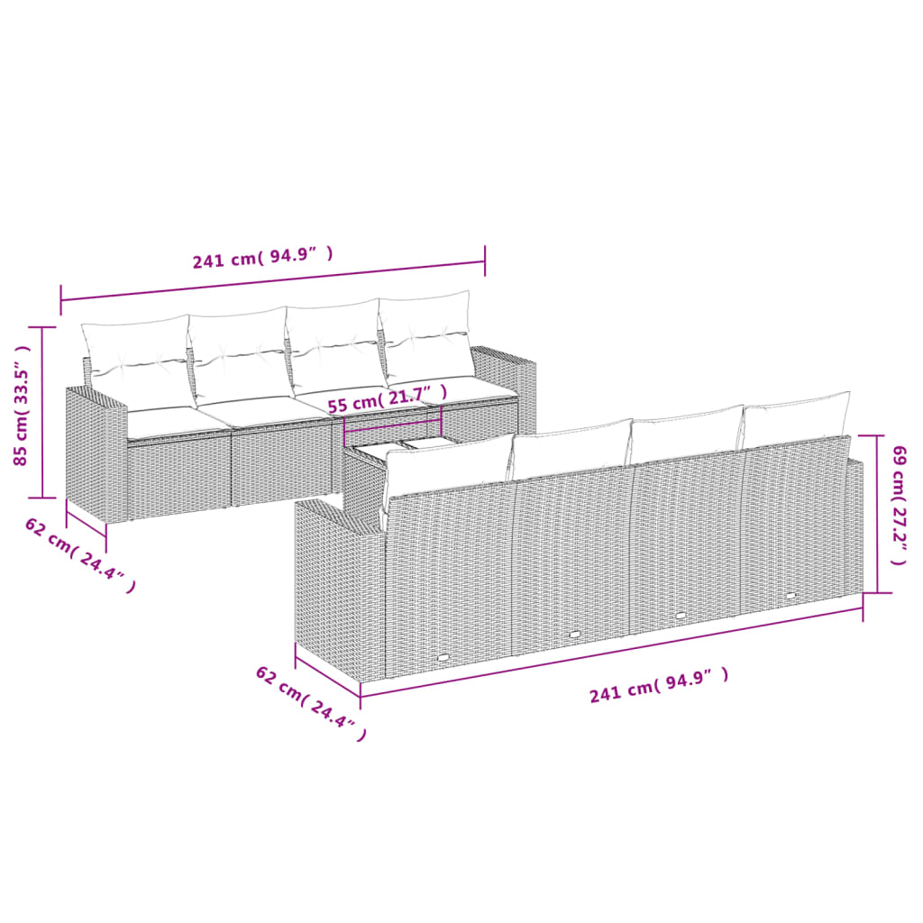 vidaXL 9-delige Loungeset met kussens poly rattan lichtgrijs afbeelding