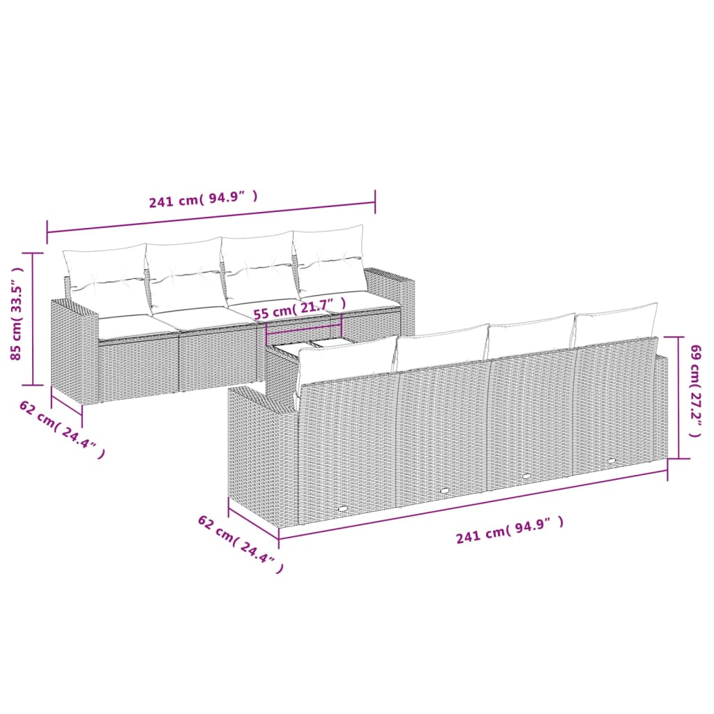 vidaXL 9-delige Loungeset met kussens poly rattan bruin