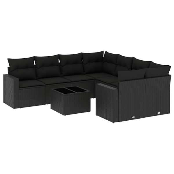 vidaXL 9-osaline aiadiivani komplekt patjadega, must, pol&uuml;rotang