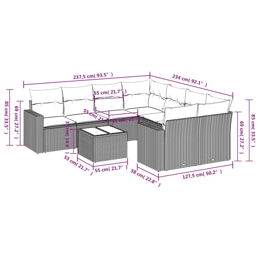 vidaXL 9-delige Loungeset met kussens poly rattan zwart afbeelding