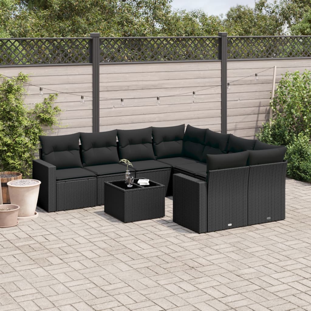 vidaXL 9-tlg. Garten-Sofagarnitur mit Kissen Schwarz Poly Rattan