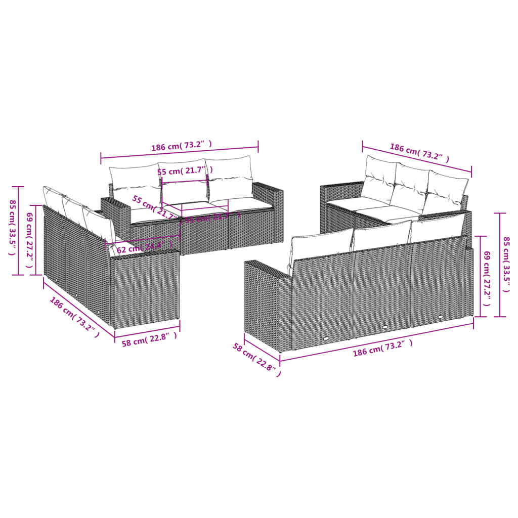 vidaXL 12-delige Loungeset met kussens poly rattan beige