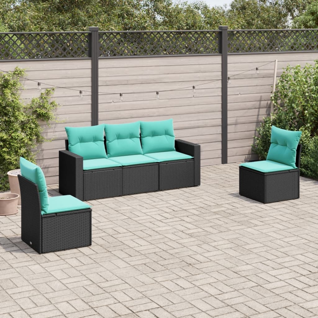 5 Piece Patio Sofa Set with Cushions Black Poly Rattan vidaXL vidaXL