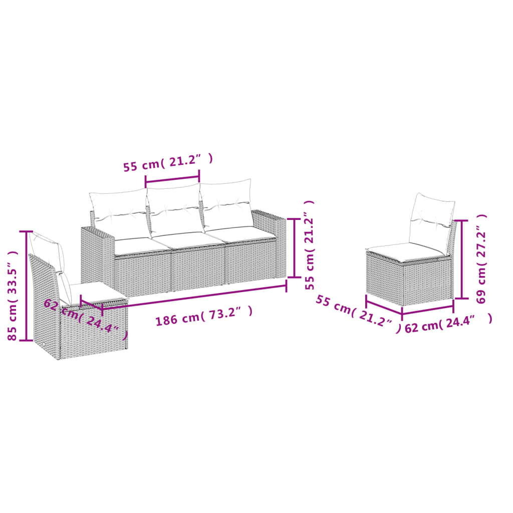 vidaXL 5-delige Loungeset met kussens poly rattan beige