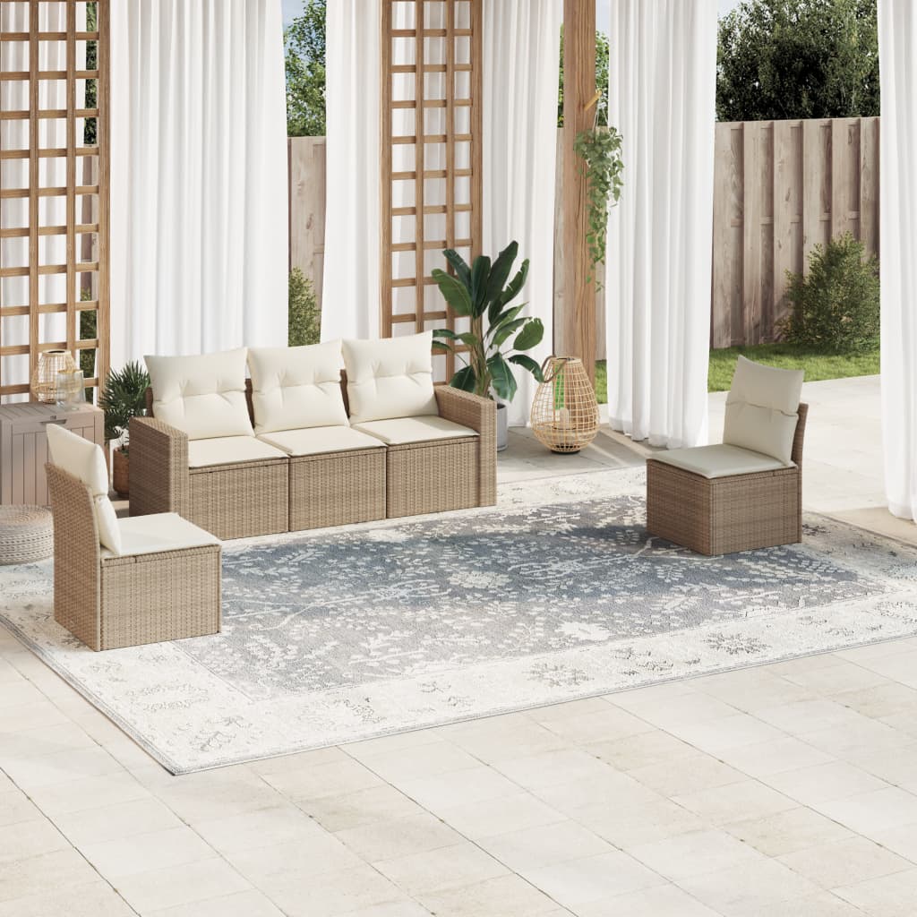 vidaXL 5-tlg. Garten-Sofagarnitur mit Kissen Beige Poly Rattan