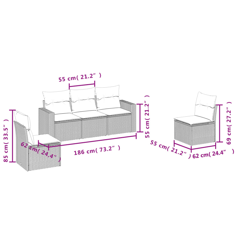 vidaXL 5-delige Loungeset met kussens poly rattan grijs afbeelding