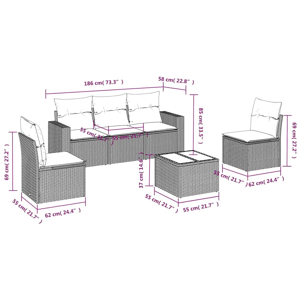 Set mobilier de grădină cu perne, 6 piese, negru, poliratan 3218785 - imagine 3