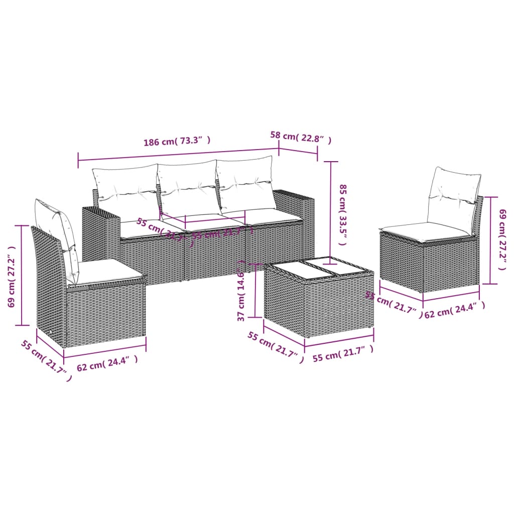 vidaXL 6-delige Loungeset met kussens poly rattan zwart afbeelding