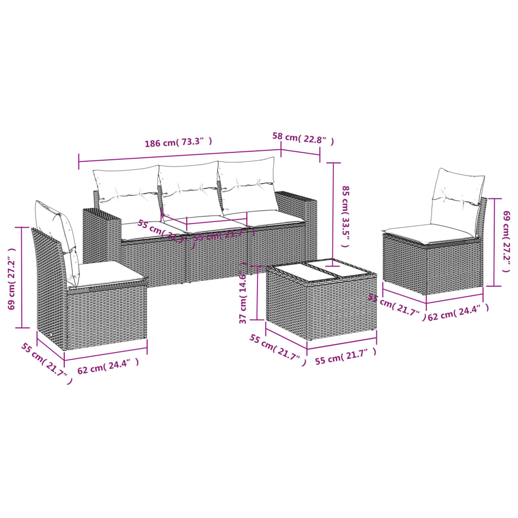 vidaXL 6-delige Loungeset met kussens poly rattan beige afbeelding