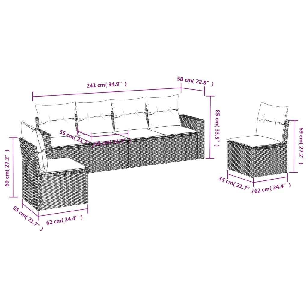 Set mobilier de grădină cu perne, 6 piese, negru, poliratan 3218796 - imagine 3